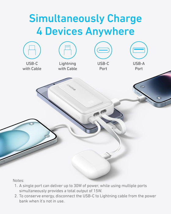Anker Zolo Power Bank 10 000 mAh (A1680) – Carga Rápida 30 W con Cables Integrados Blanco - ibeamcl