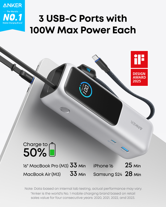 Anker Power Bank 25000mAh 165W con Cables USB-C Retráctiles  – Carga Rápida PD 100W SIlver - ibeamcl
