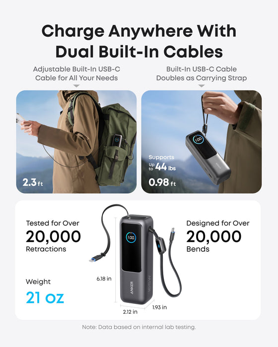 Anker Power Bank 25000mAh 165W con Cables USB-C Retráctiles – Carga Rápida PD 100W - ibeamcl
