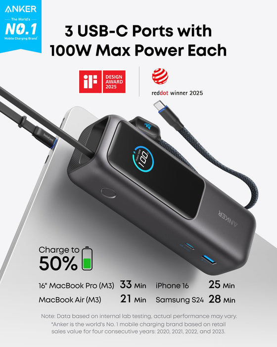 Anker Power Bank 25000mAh 165W con Cables USB-C Retráctiles – Carga Rápida PD 100W - ibeamcl