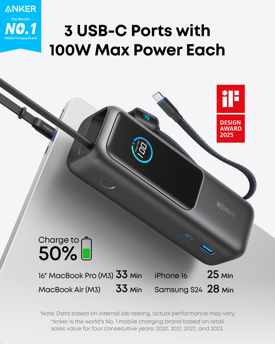 Anker Power Bank 25000mAh 165W con Cables USB-C Retráctiles – Carga Rápida PD 100W - ibeamcl