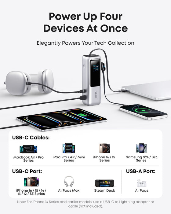 Anker Power Bank 25000mAh 165W con Cables USB-C Retráctiles  – Carga Rápida PD 100W SIlver - ibeamcl