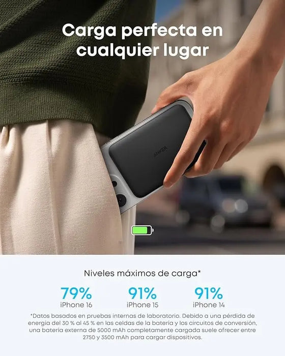 Power Bank Magnético Anker Nano 5000mAh Qi2 Ultra Slim Negro – Carga Inalámbrica 15W USB-C 20W - ibeamcl
