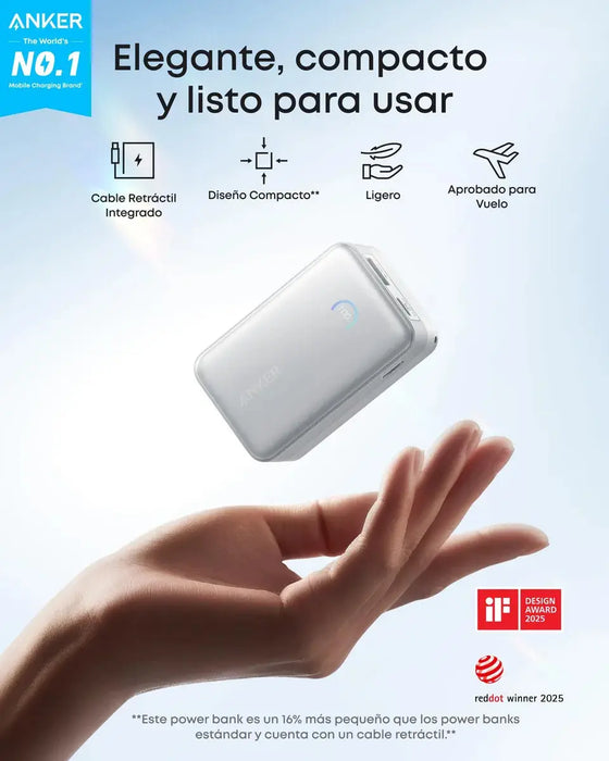 Anker Nano 10000mah Cable Retráctil 70cm, Carga Rápida 45W blanco