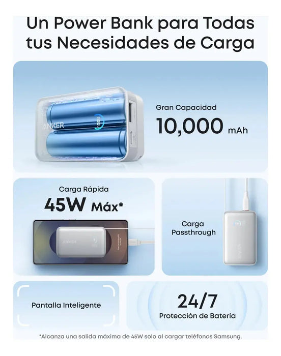 Anker Nano 10000mah Cable Retráctil 70cm, Carga Rápida 45W blanco