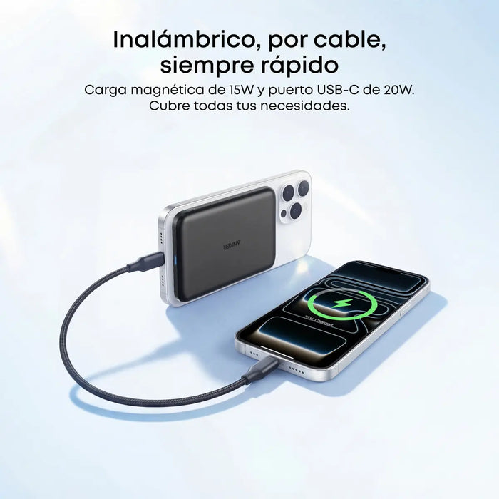 Power Bank Magnético Anker Nano 5000mAh Qi2 Ultra Slim Negro – Carga Inalámbrica 15W USB-C 20W - ibeamcl