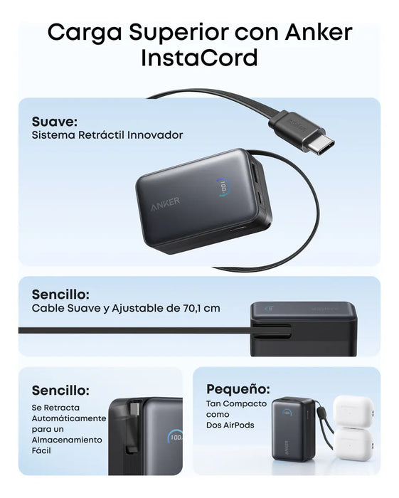 Anker Nano 10000mah Cable Retráctil 70cm, Carga Rápida 45W