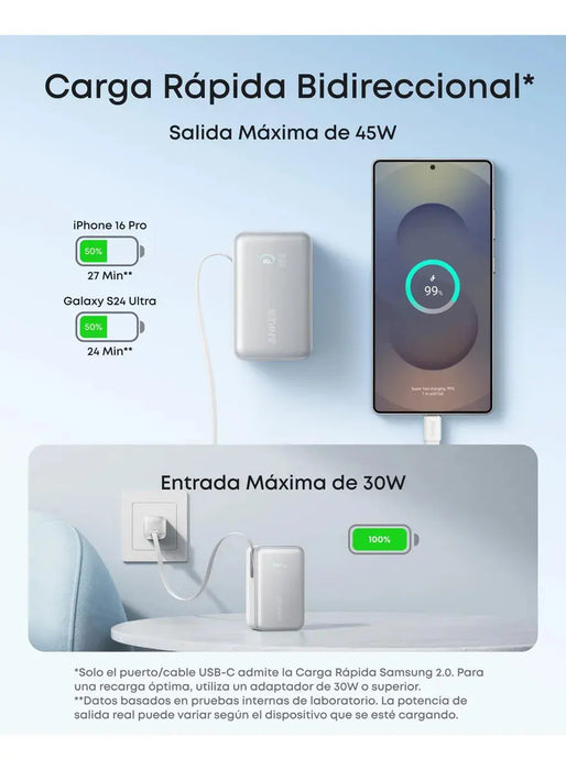 Anker Nano 10000mah Cable Retráctil 70cm, Carga Rápida 45W blanco