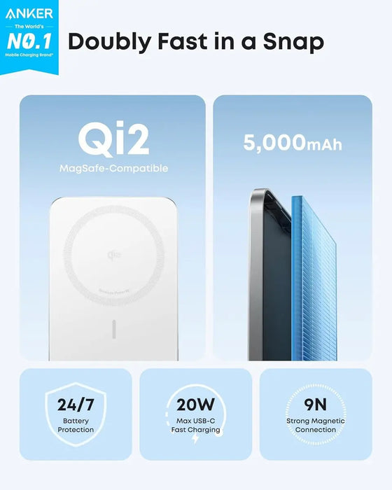 Power Bank Magnético Anker Nano 5000mAh Qi2 Ultra Slim Blanco – Carga Inalámbrica 15W USB-C 20W - ibeamcl