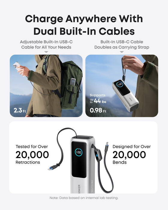 Anker Power Bank 25000mAh 165W con Cables USB-C Retráctiles  – Carga Rápida PD 100W SIlver - ibeamcl